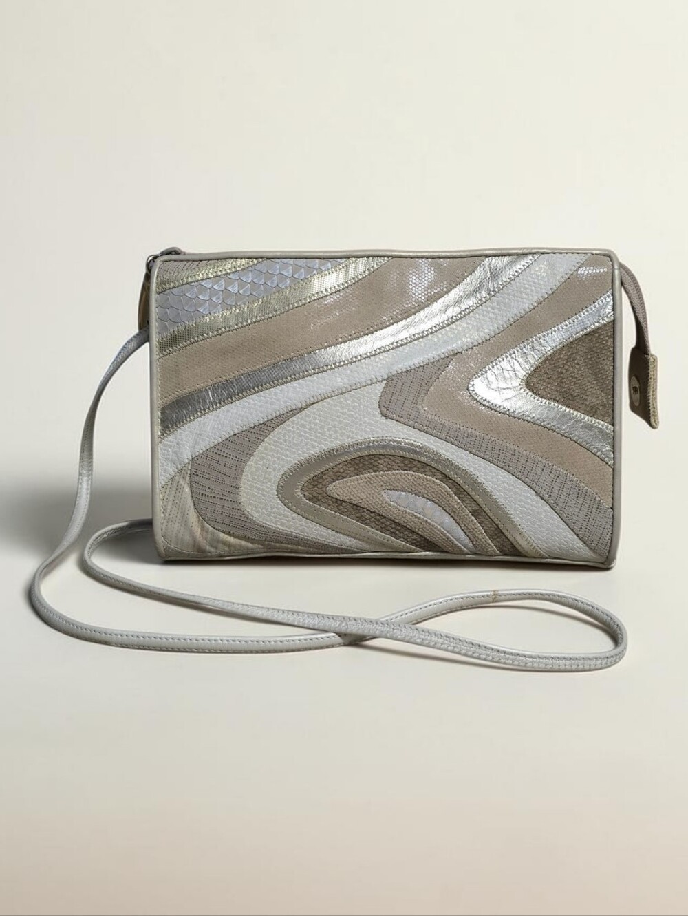 Sharif Vintage Patchwork Leather and Fabric Beige Metallic Crossbody Bag